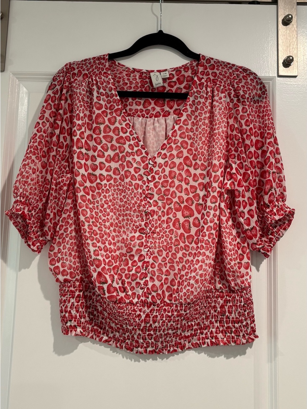 Joie Red and Pink Strawberry-Spot V-Neck Smocked-Hem Blouse